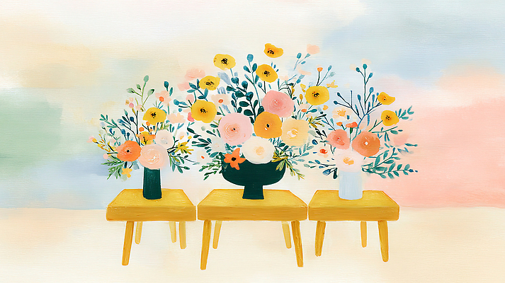 JPG 식물 디자인 꽃 화초 예술 컬러 꽃다발 백그라운드 일러스트 자연 식탁 탁자 장식 노란색 꽃병 방 꽃집 그림 국내일러스트 AI일러스트 AI콘텐츠 가구 상점 생태계 파일형식