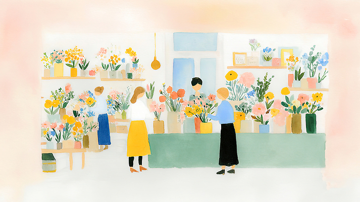 JPG 나무 꽃 화분 화초 컬러 꽃다발 백그라운드 일러스트 모션 조명 선반 실내 사람 장식 상점 봄 꽃집 정리 꽃시장 플로리스트 국내일러스트 AI일러스트 AI콘텐츠 식물 직업 계절 가구 내부 시장 파일형식