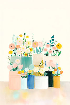 JPG 식물 디자인 꽃 화분 예술 컬러 꽃다발 백그라운드 일러스트 자연 수채화 장식 정원 봄 그리기 꽃집 장면 뷰티풀 색감 창의성 스타일 국내일러스트 AI일러스트 AI콘텐츠 계절 모션 상점 생태계 파일형식