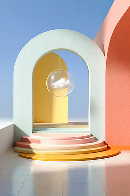 JPG 편집이미지 디자인 건축 컬러 스튜디오 아침 조명 실내 계단 공간 원형 아치 기하학 포디움 이미지편집 AI컴퓨터그래픽 AI콘텐츠 주간 도형 무늬 내부 무대 파일형식