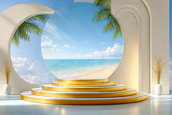 JPG 모양 나무 편집이미지 디자인 파도 바다 하늘 풍경 해변 여름 계단 금색 구조물 장면 포디움 이미지편집 AI컴퓨터그래픽 AI콘텐츠 식물 계절 건축 컬러 무대 파일형식