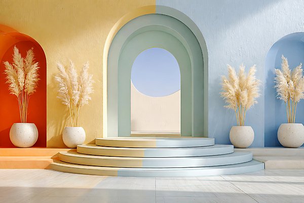 JPG 식물 편집이미지 디자인 화분 컬러 백그라운드 출입구 조명 실내 공간 원형 구출 아치 층 기하학 포디움 이미지편집 AI컴퓨터그래픽 AI콘텐츠 도형 무늬 내부 무대 도움 파일형식