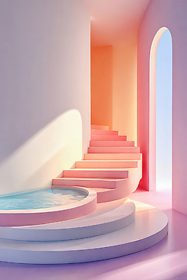 JPG 주간 모양 편집이미지 디자인 건축 분홍색 컬러 하늘색 실내 물 빛 계단 공간 원형 분위기 구출 포디움 이미지편집 AI컴퓨터그래픽 AI콘텐츠 자연요소 도형 컨셉 내부 파란색 무대 도움 파일형식