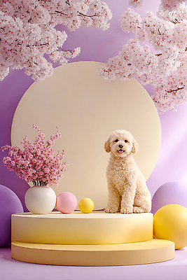 JPG 편집이미지 꽃 분홍색 컬러 백그라운드 공 스튜디오 대화 장식 귀여움 촬영 봄 공간 강아지 포디움 이미지편집 AI컴퓨터그래픽 AI콘텐츠 식물 계절 컨셉 말하기 반려동물 무대 개 파일형식