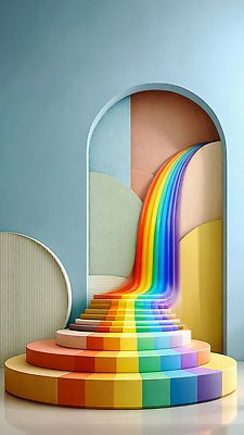 JPG 모양 편집이미지 디자인 물결 예술 컬러 백그라운드 무지개 조명 밝음 장식 인테리어 계단 공간 부드러움 층 포디움 이미지편집 AI컴퓨터그래픽 AI콘텐츠 자연요소 무대 감각 파일형식