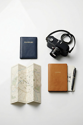 JPG 편집이미지 여행 지도 필기구 카메라 탐험 기록 외출 준비 여권 여행준비 편집실사 AI포토 AI콘텐츠 문구용품 전자제품 CG 파일형식