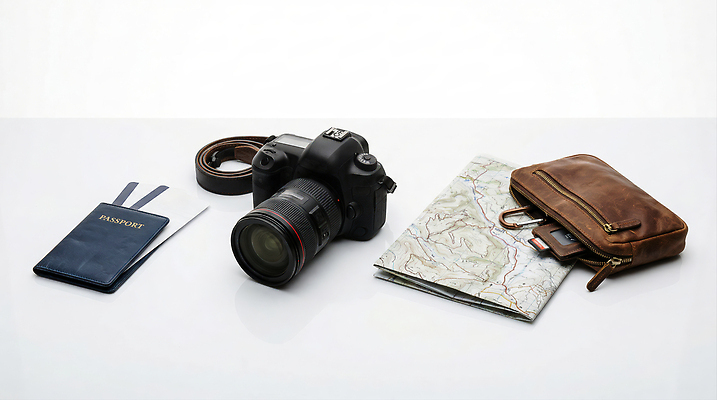 JPG 편집이미지 여행 지도 가방 탁자 핸드폰 카메라 여행가방 장비 짐 여권 아이템 여행준비 편집실사 AI포토 AI콘텐츠 잡화 가구 전자제품 CG 준비 파일형식