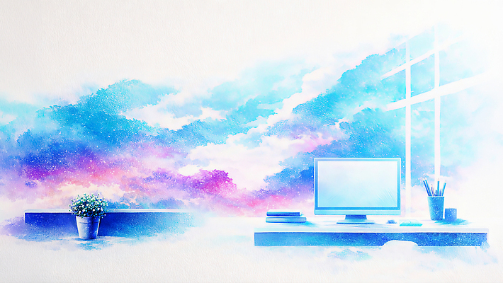 JPG 식물 디자인 예술 분홍색 의자 일러스트 창문 회의 수채화 주택 실내 파란색 컴퓨터 사무실 환경 공간 창가 책상 벽화 국내일러스트 AI일러스트 AI콘텐츠 컬러 가구 비즈니스 내부 건물 전자제품 그림 파일형식