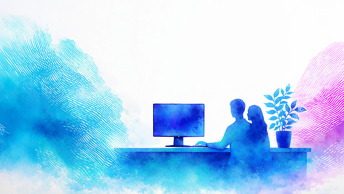 JPG 식물 디자인 일러스트 모션 회의 수채화 두명 컴퓨터 사무실 디지털 스크린 공간 시간 작업 집중 책상 그림 소통 창의성 국내일러스트 AI일러스트 AI콘텐츠 가구 컨셉 비즈니스 사람 전자제품 파일형식