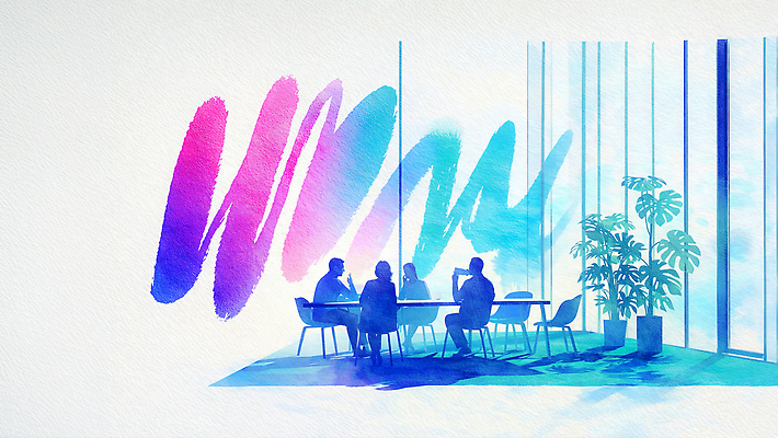 JPG 주간 컬러 백그라운드 생각 패턴 의자 일러스트 비즈니스 모션 탁자 회의 협력 조명 수채화 아이디어 실험 대화 여러명 사무실 작업 그룹 기획 국내일러스트 AI일러스트 AI콘텐츠 자연요소 가구 다수 컨셉 무늬 말하기 사람 파일형식