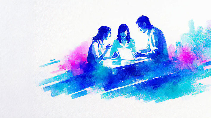 JPG 일러스트 회의 협력 수채화 아이디어 기술 실험 대화 여러명 노트북 학습 컴퓨터 사무실 공간 작업 그룹 집중 동료 소통 창의성 프로젝트 국내일러스트 AI일러스트 AI콘텐츠 교육 다수 컨셉 비즈니스 관계 말하기 사람 전자제품 파일형식