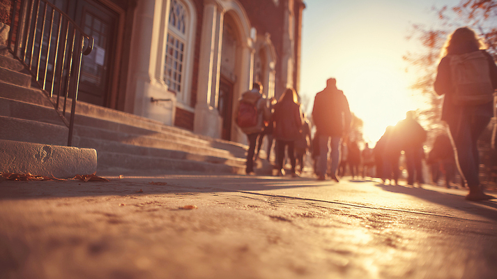 JPG 편집이미지 이동 학교 나뭇잎 거리 풍경 여러명 야외 건물 걷기 노을 일몰 시간 보행자 대학교 편집실사 AI인물포토 AI콘텐츠 자연요소 건축물 교육 다수 컨셉 잎 모션 사람 CG 파일형식 AI포토