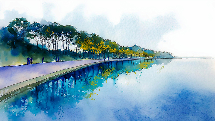 JPG 주간 나무 컬러 여행 일러스트 자연 하늘 수채화 사람 풍경 여름 강 반사 걷기 산책 물가 수면 강가 그림 오후 풍경화 국내일러스트 AI일러스트 AI콘텐츠 자연요소 식물 계절 모션 휴식 물 생태계 파일형식