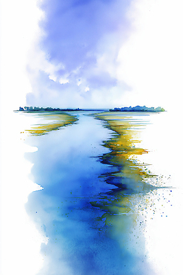 JPG 나무 물결 컬러 일러스트 자연 하늘 아침 수채화 풍경 물 파란색 강 반사 물가 수리 저녁 강가 그림 평면 풍경화 수평선 국내일러스트 AI일러스트 AI콘텐츠 주간 자연요소 식물 야간 생태계 파일형식