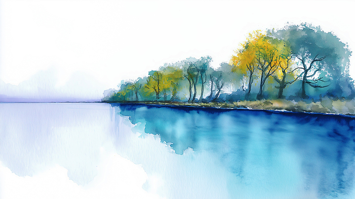 JPG 나무 물결 컬러 일러스트 자연 하늘 생명 바람 수채화 풍경 초록색 물 여름 반짝임 강 노란색 물가 수면 조용 흐림 오후 풍경화 국내일러스트 AI일러스트 AI콘텐츠 자연요소 식물 계절 모션 날씨 그림 생태계 파일형식