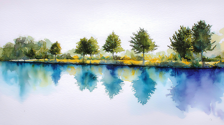 JPG 나무 화초 호수 일러스트 자연 수채화 한국 풍경 초록색 물 여름 파란색 반사 그림물감 물가 수면 그림 조경 일렬 흐림 수목 풍경화 전경 국내일러스트 AI일러스트 AI콘텐츠 자연요소 식물 계절 아시아 컬러 날씨 물감 생태계 파일형식 탑뷰