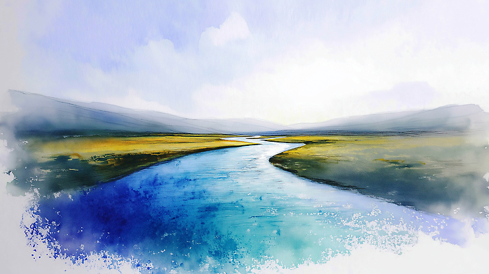 JPG 식물 컬러 일러스트 자연 하늘 수채화 산 풍경 초원 물 강 일출 환경 일몰 흐름 대기 물가 오브젝트 생태계 평야 풍경화 국내일러스트 AI일러스트 AI콘텐츠 자연요소 컨셉 노을 그림 파일형식