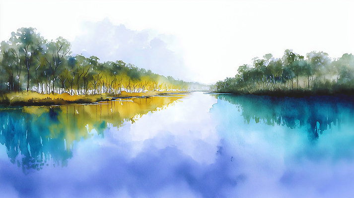 JPG 나무 예술 컬러 일러스트 자연 하늘 수채화 풍경 물 여름 강 태양 반사 고요 물가 수면 숲 강가 그림 풍경화 경관 국내일러스트 AI일러스트 AI콘텐츠 자연요소 식물 계절 생태계 파일형식