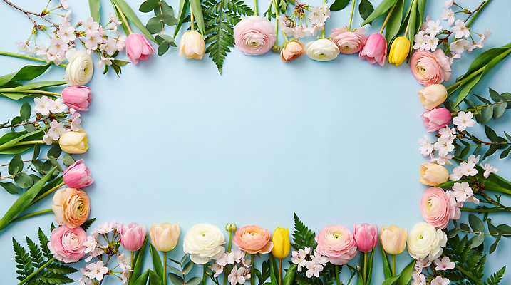 JPG 모양 식물 편집이미지 꽃 컬러 백그라운드 잎 자연 생명 장식 파란색 봄 튤립 배열 라넌큘러스 꽃프레임 재스민 편집실사 AI포토 AI콘텐츠 계절 프레임 CG 생태계 파일형식