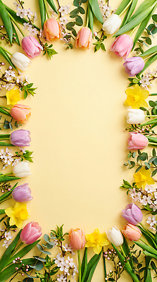 JPG 식물 편집이미지 꽃 자연 장식 봄 튤립 화사함 수선화 꽃프레임 꽃길 노란배경 생동감 편집실사 AI포토 AI콘텐츠 계절 길 백그라운드 컨셉 프레임 노란색 CG 생태계 파일형식