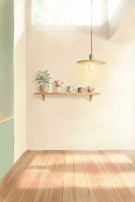 JPG 나무 식물 디자인 화분 커피 일러스트 조명 선반 바닥 밝음 컵 인테리어 주방 공간 카페 방 도구 편안함 오브젝트 차분 국내일러스트 AI일러스트 AI콘텐츠 식기 음료 가구 컨셉 상점 감각 파일형식