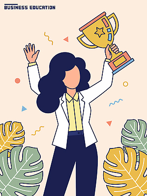 식물 손 여자 교육 행복 백그라운드 일러스트 비즈니스 성공 기념 장식 기쁨 축하 기운 우승 비즈니스우먼 트로피 열정 자랑 국내일러스트 AI파일 감정 컨셉 사람 신체부위 최고 직장인 상_우승 파일형식 벡터