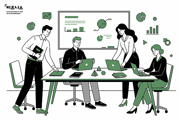 일러스트 탁자 회의 그래프 협력 아이디어 기술 대화 노트북 사무실 환경 자료 정보 도구 작업 발표 계획 분석 회의실 국내일러스트 AI파일 가구 컨셉 비즈니스 말하기 전자제품 파일형식 벡터