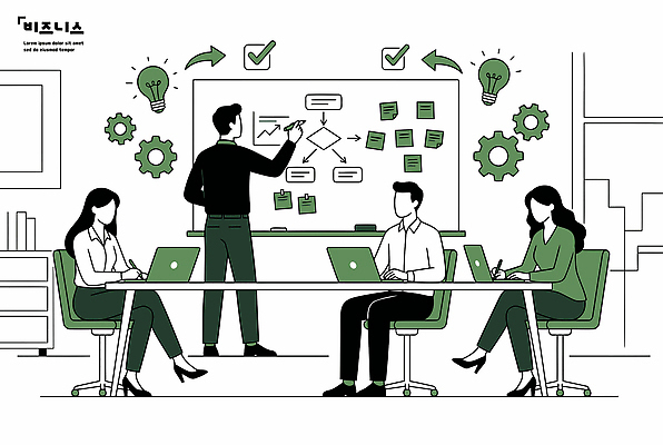 일러스트 회의 협력 아이디어 여러명 그래픽 노트북 학습 사무실 기록 작업 발표 계획 직원 화이트보드 사무용가구 공유 문제해결 피드백 브레인스토밍 국내일러스트 AI파일 교육 가구 다수 컨셉 비즈니스 사람 전자제품 파일형식 벡터