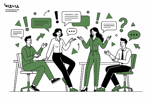 여자 남자 일러스트 모션 회의 협력 아이디어 표정 대화 사람 손짓 그룹 토론 질문 프레젠테이션 회의실 의견 소통 상호작용 국내일러스트 AI파일 컨셉 비즈니스 말하기 파일형식 벡터