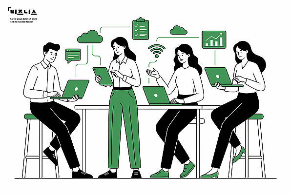 인터넷 일러스트 회의 협력 기술 사람 노트북 태블릿 사무실 자료 정보 업무 작업 계획 집중 분석 점검 소통 서류판 국내일러스트 AI파일 컨셉 비즈니스 전자제품 스마트기기 사무용품 파일형식 벡터