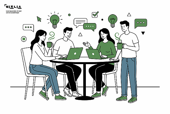 음료 생각 일러스트 모션 탁자 협력 아이디어 이야기 대화 사람 친구 노트북 사무실 작업 그룹 소통 리더쉽 창의성 안락 국내일러스트 AI파일 가구 컨셉 비즈니스 관계 말하기 전자제품 파일형식 벡터