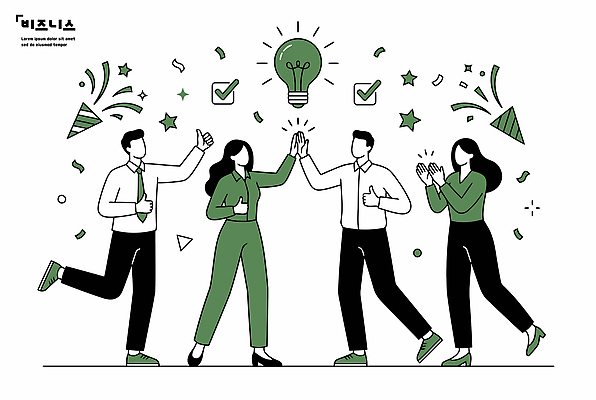 기념일 일러스트 성공 협력 아이디어 대화 친구 사무실 모임 축하 업무 발전 결과 동료 격려 소통 긍정적 참여 국내일러스트 AI파일 감정 컨셉 비즈니스 관계 모션 말하기 이벤트 작업 파일형식 벡터