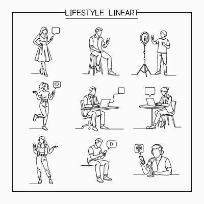 라이프스타일 옷 여자 남자 예술 선 포즈 이동 라인일러스트 일러스트 모션 대화 사람 친구 스마트폰 컴퓨터 자유 스탠드 대기 작업 방송 영상 국내일러스트 AI파일 컨셉 관계 조명 말하기 생활 전자제품 핸드폰 스마트기기 파일형식 벡터