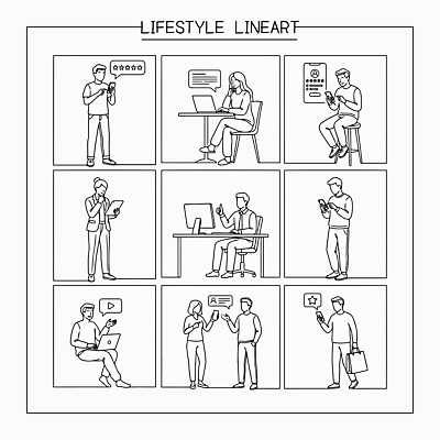 라이프스타일 여자 남자 라인일러스트 일러스트 비즈니스 모션 대화 사람 일상 스마트폰 쇼핑 컴퓨터 사무실 기계 카페 대기 작업 편안함 영상 소통 리뷰 국내일러스트 AI파일 컨셉 말하기 라이프 생활 전자제품 핸드폰 스마트기기 상점 감각 파일형식 벡터
