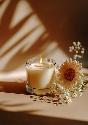 JPG 식물 편집이미지 꽃 초 불꽃 휴식 잔 따뜻함 그림자 인테리어 햇빛 평화 편안함 데이지 안개꽃 편집실사 AI포토 AI콘텐츠 식기 디자인 컨셉 불 태양 감각 CG 한해살이풀 파일형식