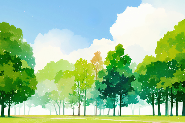 JPG 나무 식물 공원 일러스트 자연 하늘 바람 나뭇잎 풍경 초록색 여름 파란색 햇빛 봄 숲 생태계 평지 디지털아트 국내일러스트 AI일러스트 AI콘텐츠 자연요소 계절 공공시설 컬러 잎 날씨 태양 땅 파일형식