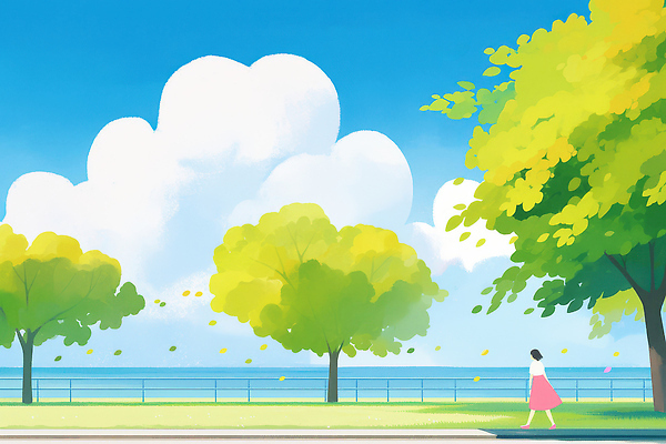 JPG 나무 공원 바다 잎 일러스트 자연 하늘 바람 날씨 사람 풍경 해변 일상 여름 파란색 노란색 봄 산책 산책로 자유 그늘 국내일러스트 AI일러스트 AI콘텐츠 자연요소 식물 계절 공공시설 길 컬러 컨셉 휴식 라이프 생태계 파일형식