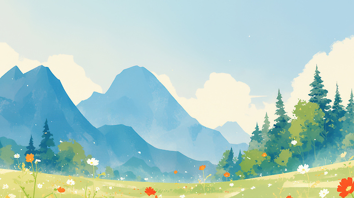 JPG 나무 계절 꽃 여행 일러스트 자연 하늘 바람 날씨 휴식 산 풍경 초록색 파란색 햇빛 봄 들꽃 숲 탐방 평야 경관 국내일러스트 AI일러스트 AI콘텐츠 자연요소 식물 컬러 컨셉 태양 생태계 파일형식