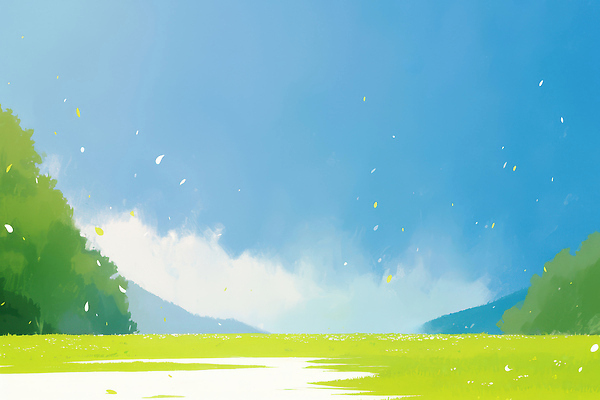 JPG 계절 꽃잎 일러스트 자연 바람 산 풍경 초원 초록색 파란색 햇빛 노을 환경 봄 시원함 온도 드넓은 산맥 국내일러스트 AI일러스트 AI콘텐츠 자연요소 꽃 컬러 날씨 태양 생태계 파일형식