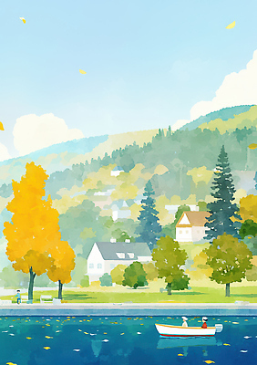 JPG 나무 호수 여유 여행 일러스트 모션 자연 하늘 날씨 산 주택 사람 풍경 강 노란색 봄 산책로 물가 보트 수면 언덕 국내일러스트 AI일러스트 AI콘텐츠 식물 계절 감정 길 컬러 배_교통 건물 물 생태계 파일형식