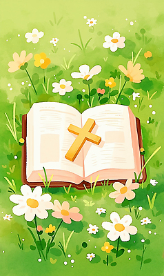 JPG 나무 꽃 종교 분홍색 십자가 일러스트 자연 휴식 잔디 초원 여름 노란색 성경 희망 흰색 기도 편안함 읽기 예배 장면 국내일러스트 AI일러스트 AI콘텐츠 식물 계절 감정 컬러 컨셉 종교용품 모션 감각 생태계 파일형식