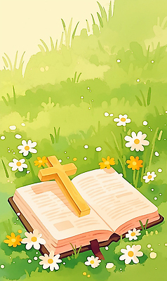 JPG 나무 꽃 종교 십자가 일러스트 자연 초원 책 초록색 여름 햇빛 믿음 성경 금색 기도 페이지 조용 국내일러스트 AI일러스트 AI콘텐츠 식물 계절 감정 컬러 종교용품 태양 생태계 파일형식