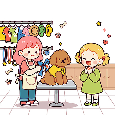 옷 행복 리본 어린이 일러스트 장신구 털 장식 반려동물 뷰티 환경 상점 기쁨 개 미용사 오브젝트 꾸미기 스타일 국내일러스트 AI파일 동물 직업 감정 포유류 사람 파일형식 벡터