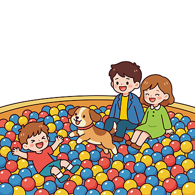 어린이 컬러 일러스트 공 가족 모션 놀이 함께함 웃음 안전 반려동물 강아지 놀이터 즐거움 볼풀 순간 국내일러스트 AI파일 동물 감정 컨셉 관계 표정 사람 개 파일형식 벡터