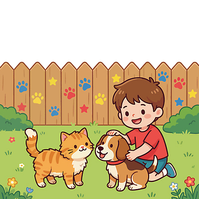 동물 꽃 행복 어린이 일러스트 놀이 웃음 소년 친구 울타리 반려동물 정원 고양이 아기 개 즐거움 주위 놀기 쓰다듬기 국내일러스트 AI파일 식물 남자 감정 포유류 관계 모션 표정 사람 담장 파일형식 벡터