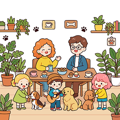 식물 행복 음료 어린이 음악 컬러 일러스트 가족 놀이 탁자 디저트 실내 대화 사랑 웃음 친구 반려동물 카페 모임 강아지 국내일러스트 AI파일 동물 감정 음식 가구 관계 문화예술 표정 말하기 사람 내부 상점 개 파일형식 벡터
