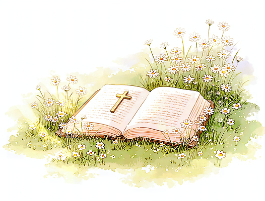 JPG 꽃 기독교 종교 길 십자가 일러스트 자연 초원 책 여름 햇빛 평화 성경 봄 기도 기독교인 오솔길 테마 국내일러스트 AI일러스트 AI콘텐츠 식물 계절 컨셉 종교용품 태양 생태계 파일형식