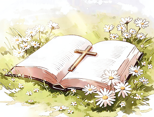 JPG 나무 꽃 기독교 종교 십자가 꽃밭 일러스트 자연 하늘 초원 여름 햇빛 평화 성경 봄 기도 국내일러스트 AI일러스트 AI콘텐츠 식물 계절 컨셉 종교용품 태양 생태계 파일형식