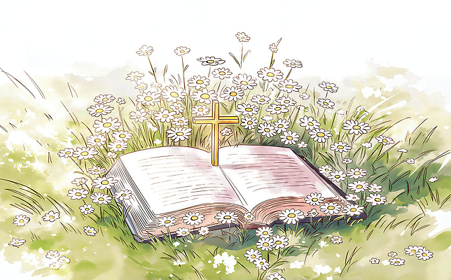 JPG 식물 꽃 기독교 종교 십자가 일러스트 자연 생명 잔디 야외 일상 독서 햇빛 평화 성경 봄 기독교인 장면 뷰티풀 국내일러스트 AI일러스트 AI콘텐츠 계절 컨셉 종교용품 라이프 태양 생태계 파일형식