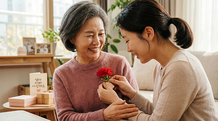 JPG 편집이미지 기념일 꽃 딸 행복 거실 가족 관계 엄마 대화 선물 사랑 웃음 표현 시간 어버이날 순간 의료성형뷰티 편집실사 AI인물포토 AI콘텐츠 식물 감정 표정 말하기 이벤트 CG 파일형식 AI포토
